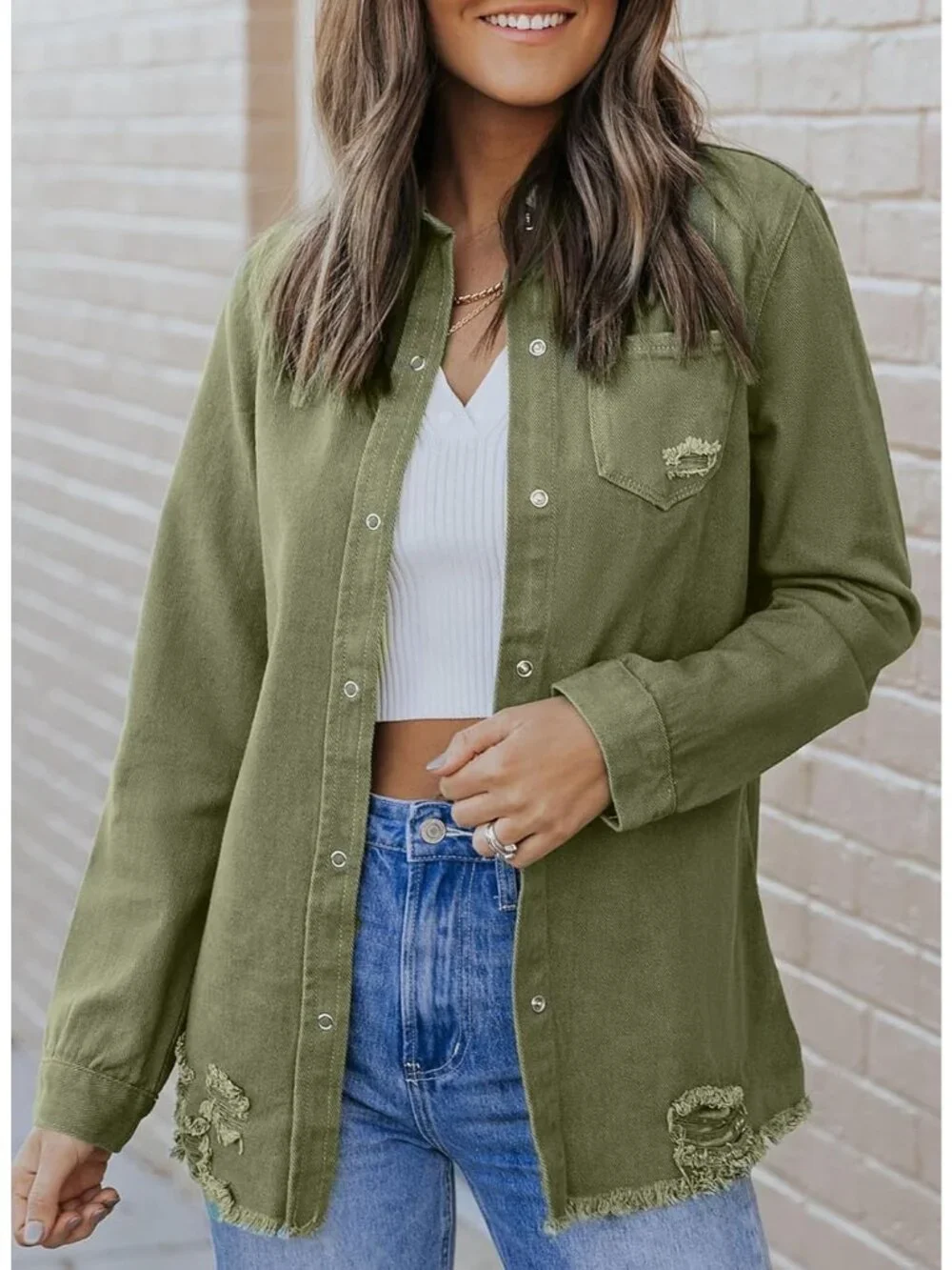 Women's Green Denim Button Down Oversized Distressed Boyfriend Jean Jacket
